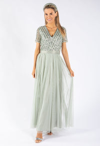 SAGE V NECK SEQUIN AND TULLE DRESS WITH TIE WAIST