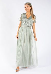 SAGE V NECK SEQUIN AND TULLE DRESS WITH TIE WAIST