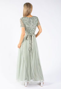 SAGE V NECK SEQUIN AND TULLE DRESS WITH TIE WAIST