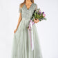 SAGE V NECK SEQUIN AND TULLE DRESS WITH TIE WAIST