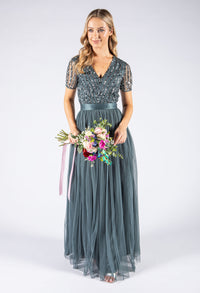 Dusty Teal V Neck Sequin and Tulle Dress with Tie Waist