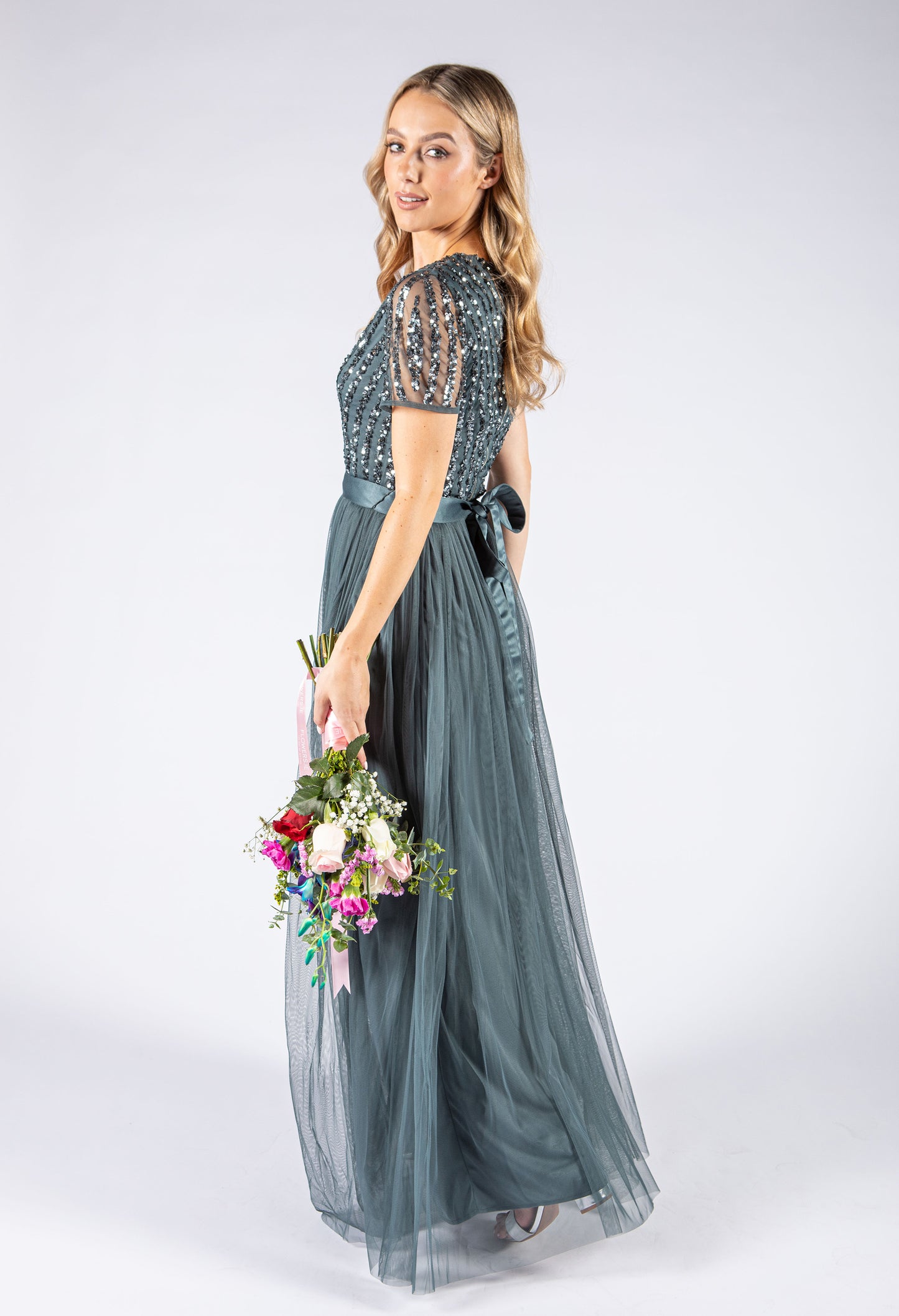 Dusty Teal V Neck Sequin and Tulle Dress with Tie Waist