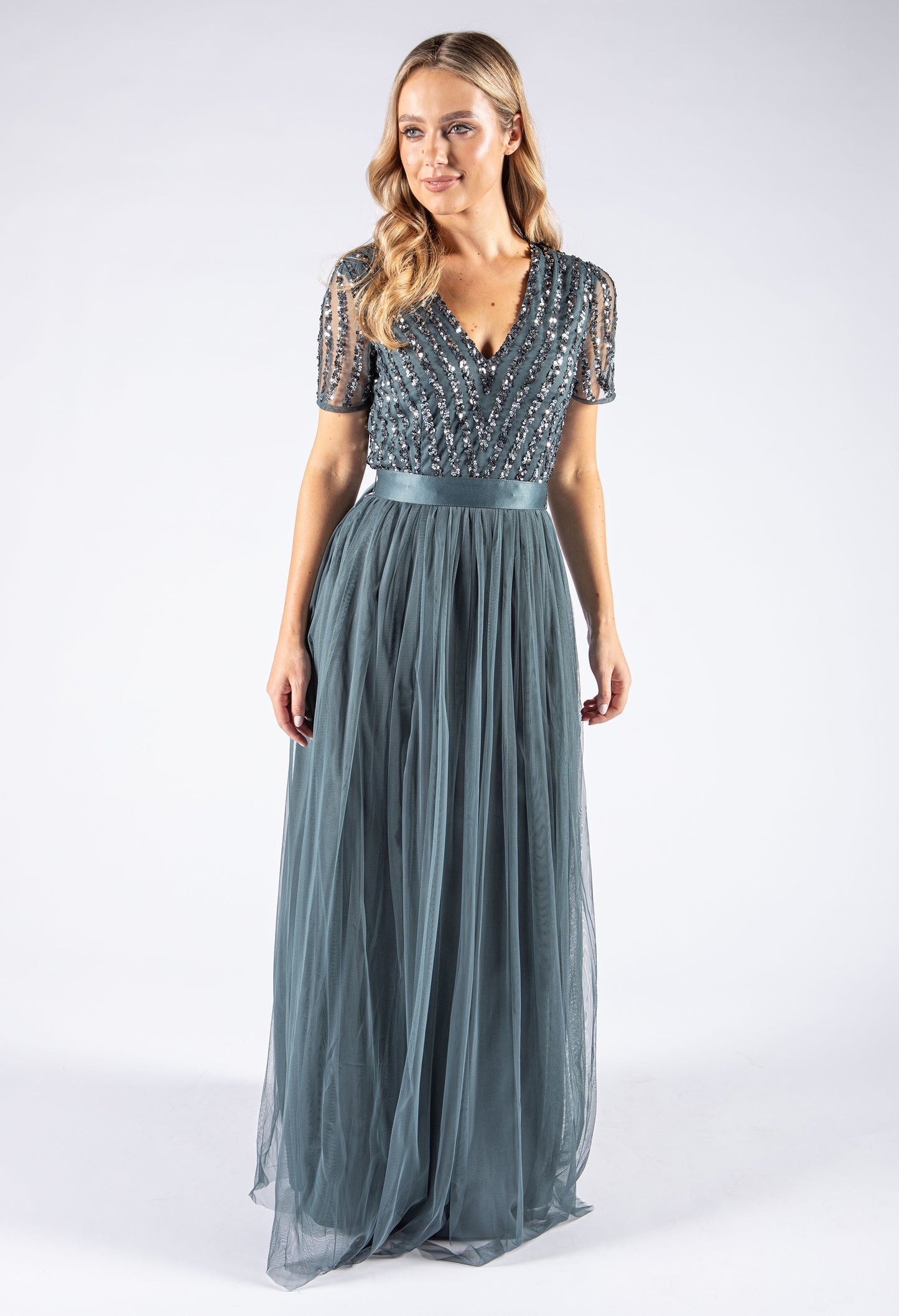 Dusty Teal V Neck Sequin and Tulle Dress with Tie Waist