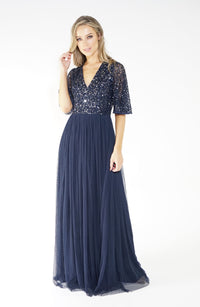 NAVY V NECK TULLE DRESS