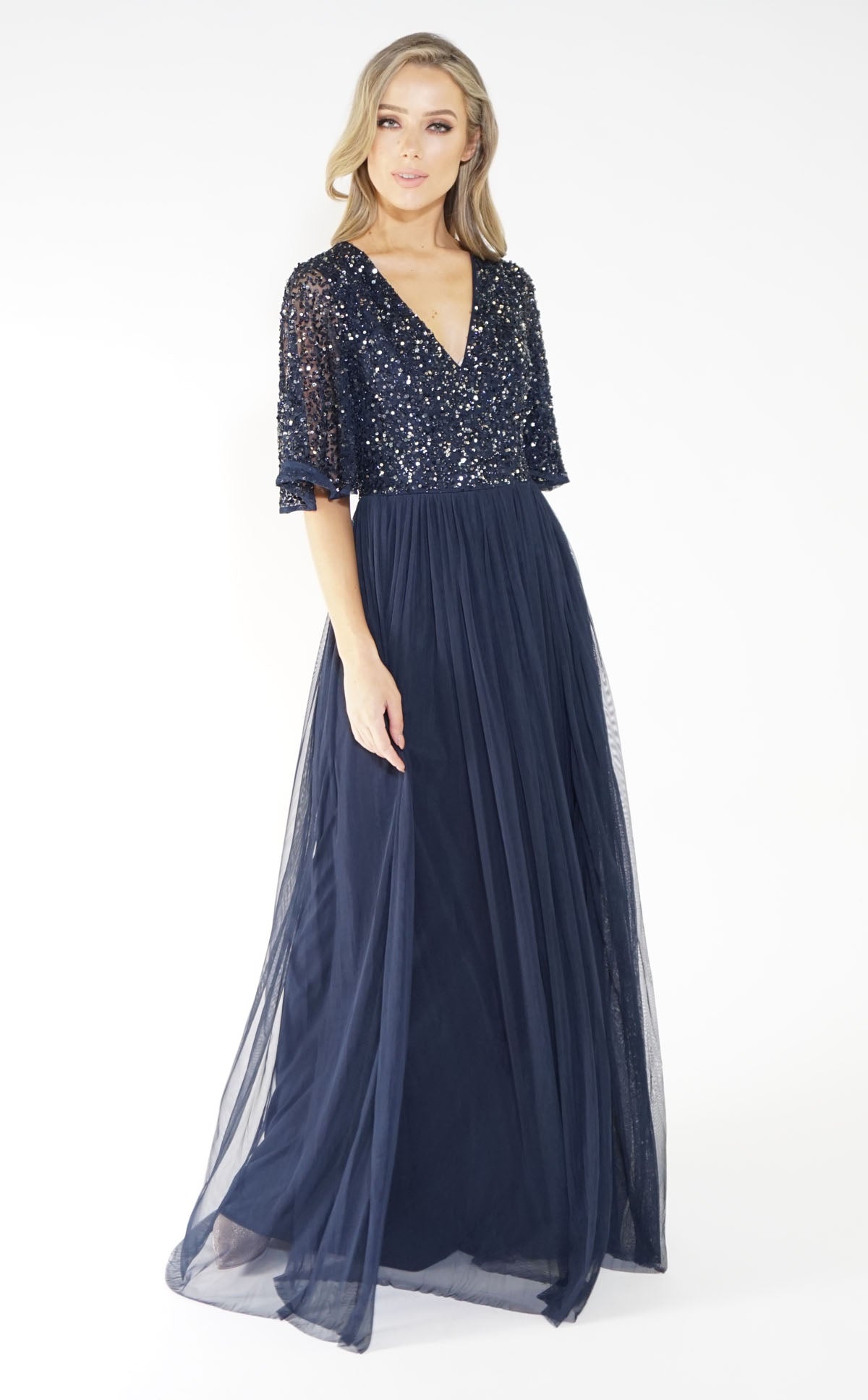 NAVY V NECK TULLE DRESS