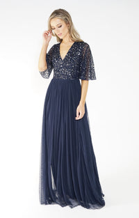 NAVY V NECK TULLE DRESS