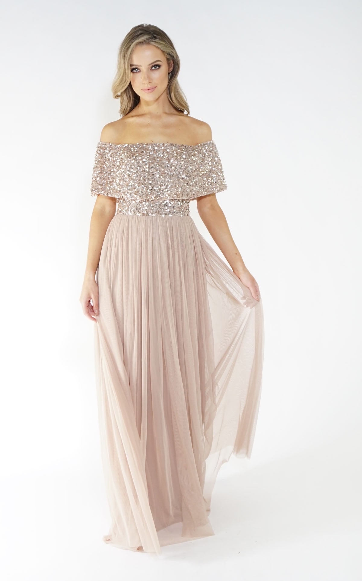 Bardot style tulle dress with delicate sequins