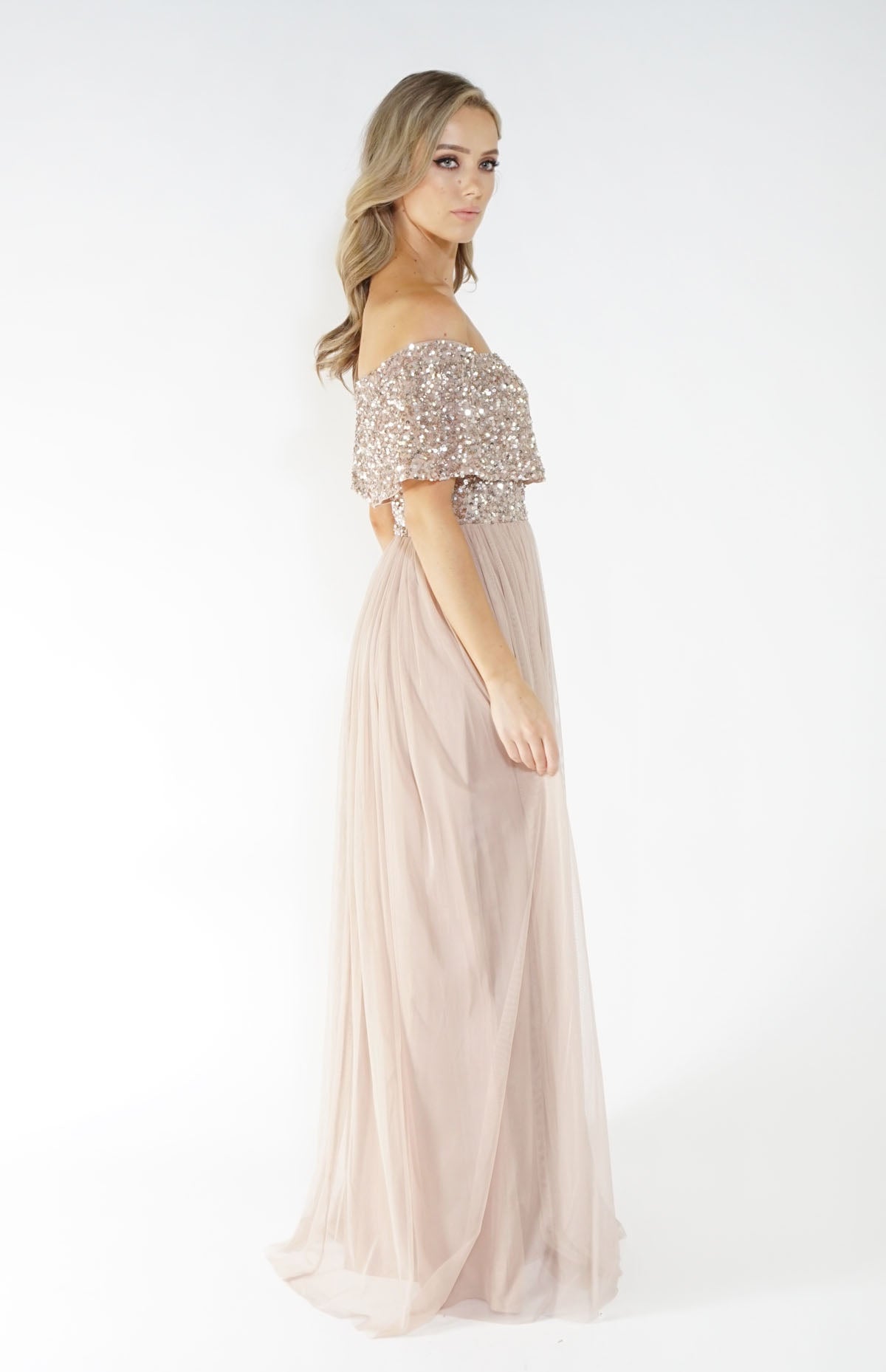 Bardot style tulle dress with delicate sequins