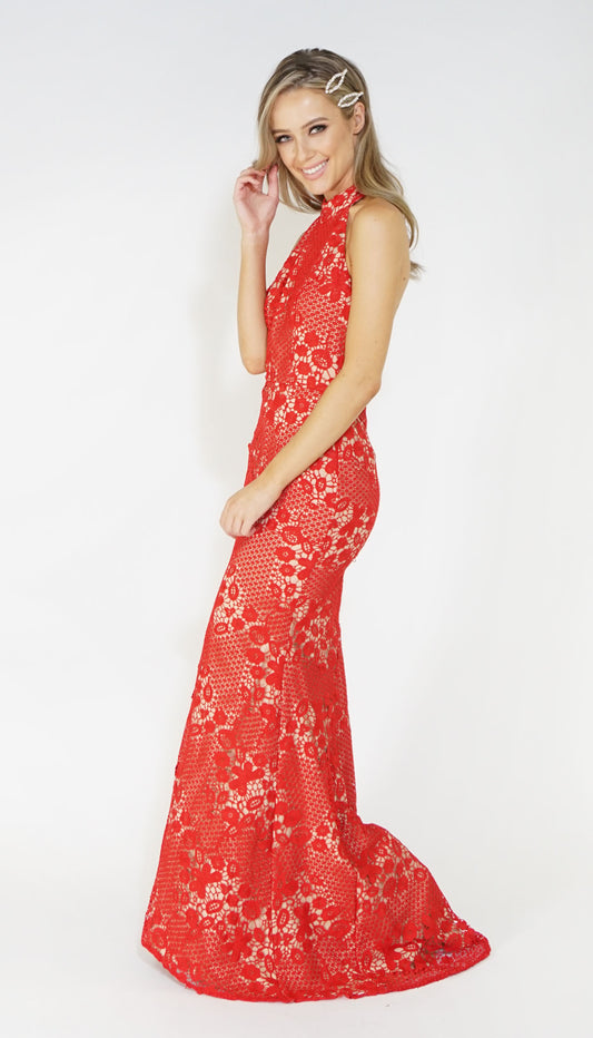 Red & Nude Halter Neck Lace Long Dress