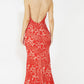 Red & Nude Halter Neck Lace Long Dress