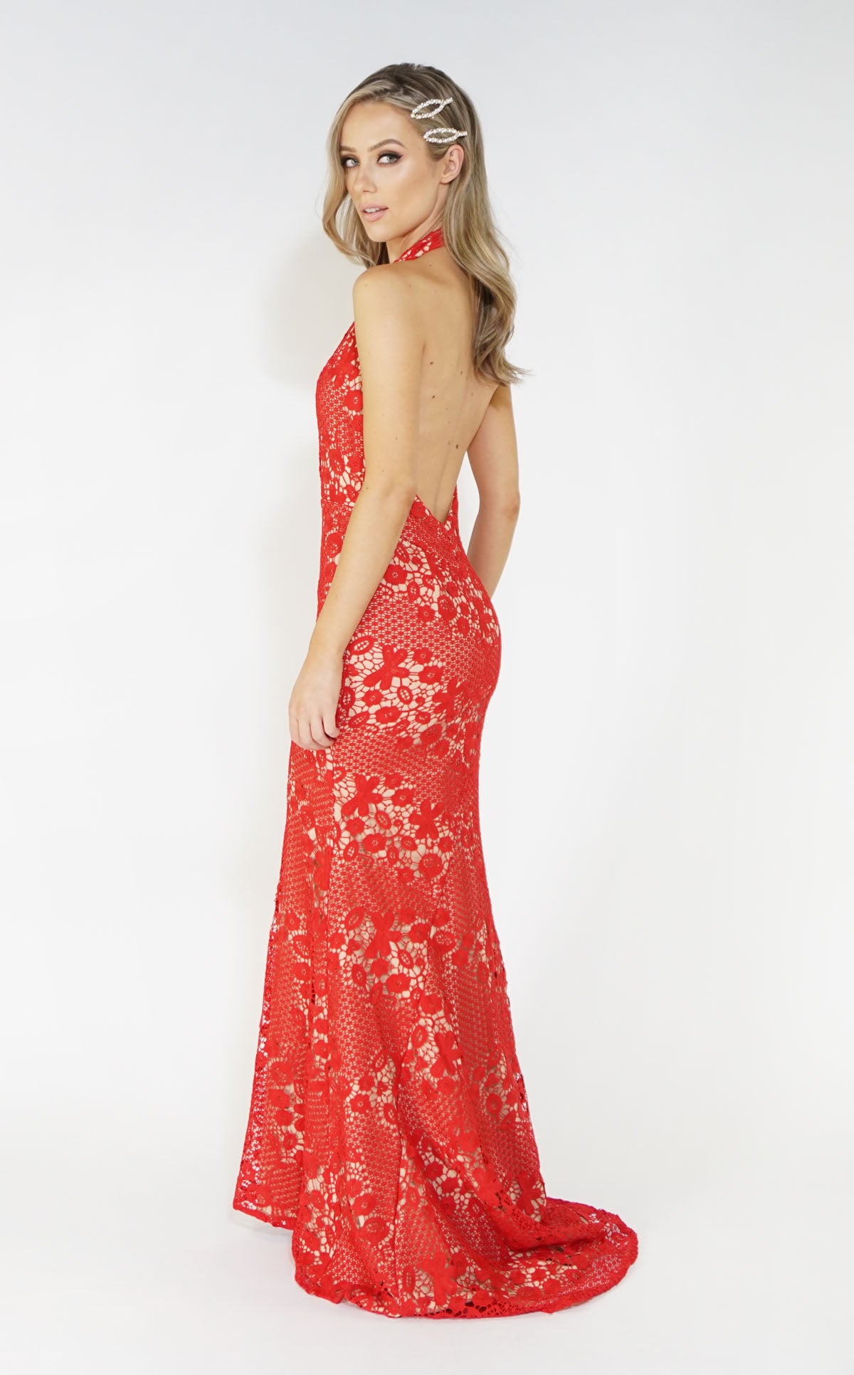 Red & Nude Halter Neck Lace Long Dress