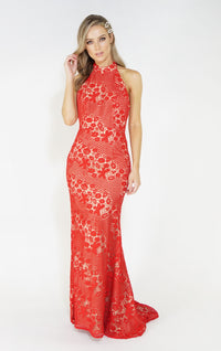 Red & Nude Halter Neck Lace Long Dress