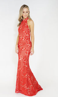 Red & Nude Halter Neck Lace Long Dress