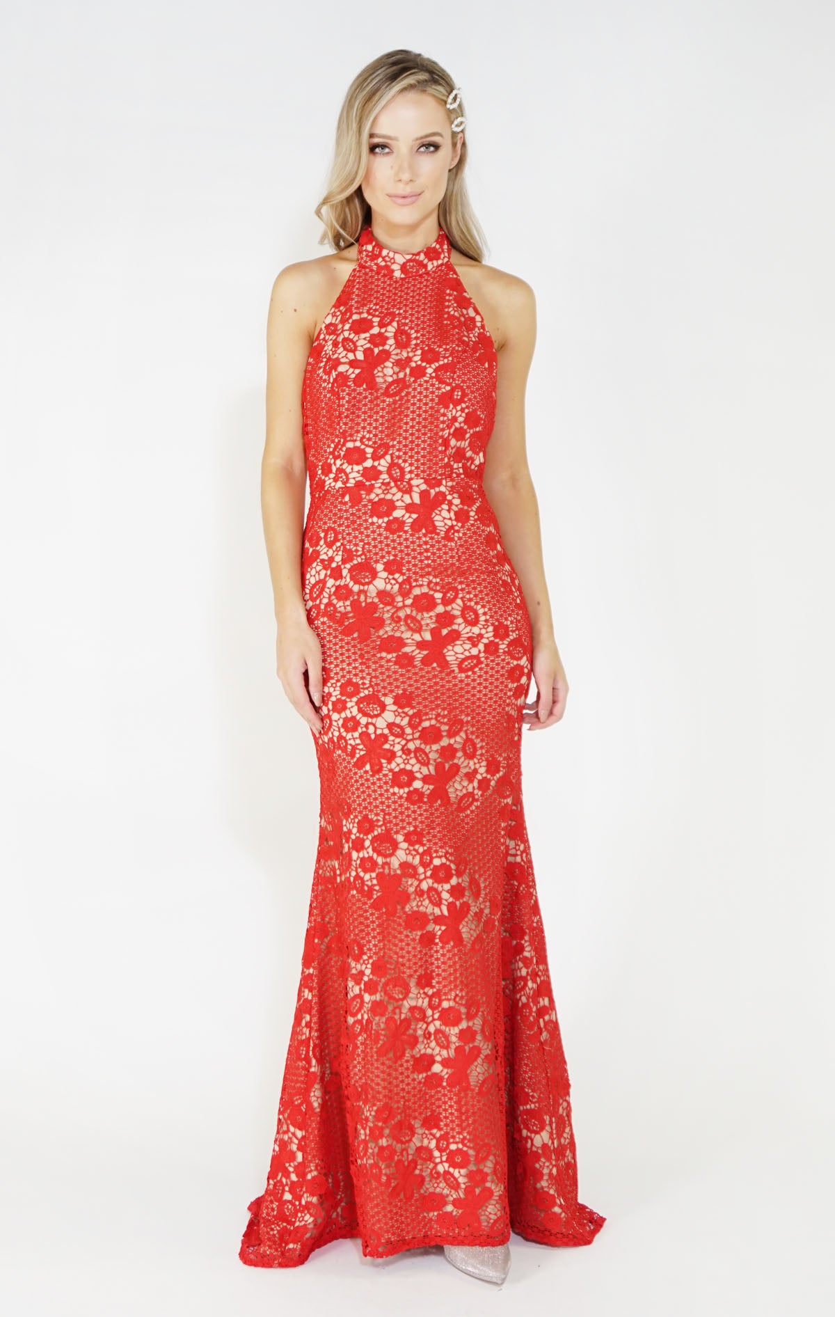 Red & Nude Halter Neck Lace Long Dress