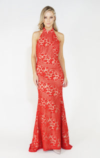 Red & Nude Halter Neck Lace Long Dress