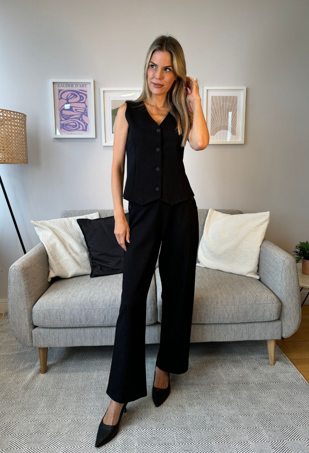 Pinstripe Buttoned Wide Leg Trousers