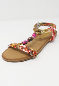 Red Multi coloured T Strap Sandal