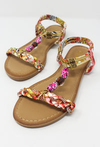 Red Multi coloured T Strap Sandal