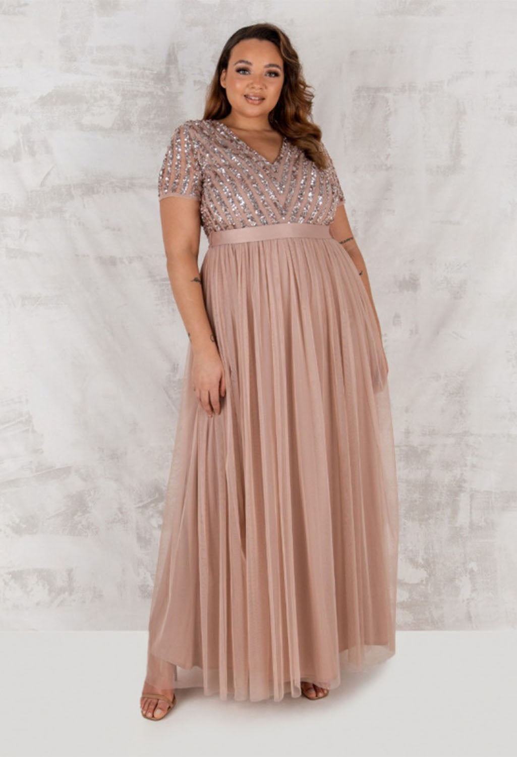 Blush V Neck Sequin and Tulle Dress with Tie Waist