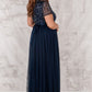 NAVY V NECK SEQUIN AND TULLE DRESS WITH TIE WAIST