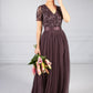 Dark Purple V Neck Sequin and Tulle Dress with Tie Waist