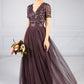 Dark Purple V Neck Sequin and Tulle Dress with Tie Waist