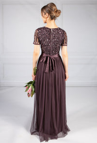 Dark Purple V Neck Sequin and Tulle Dress with Tie Waist