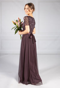 Dark Purple V Neck Sequin and Tulle Dress with Tie Waist