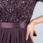 Dark Purple V Neck Sequin and Tulle Dress with Tie Waist