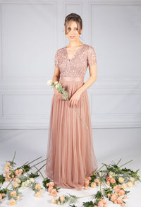 Blush V Neck Sequin and Tulle Dress with Tie Waist