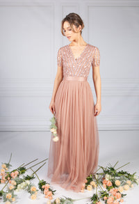 Blush V Neck Sequin and Tulle Dress with Tie Waist