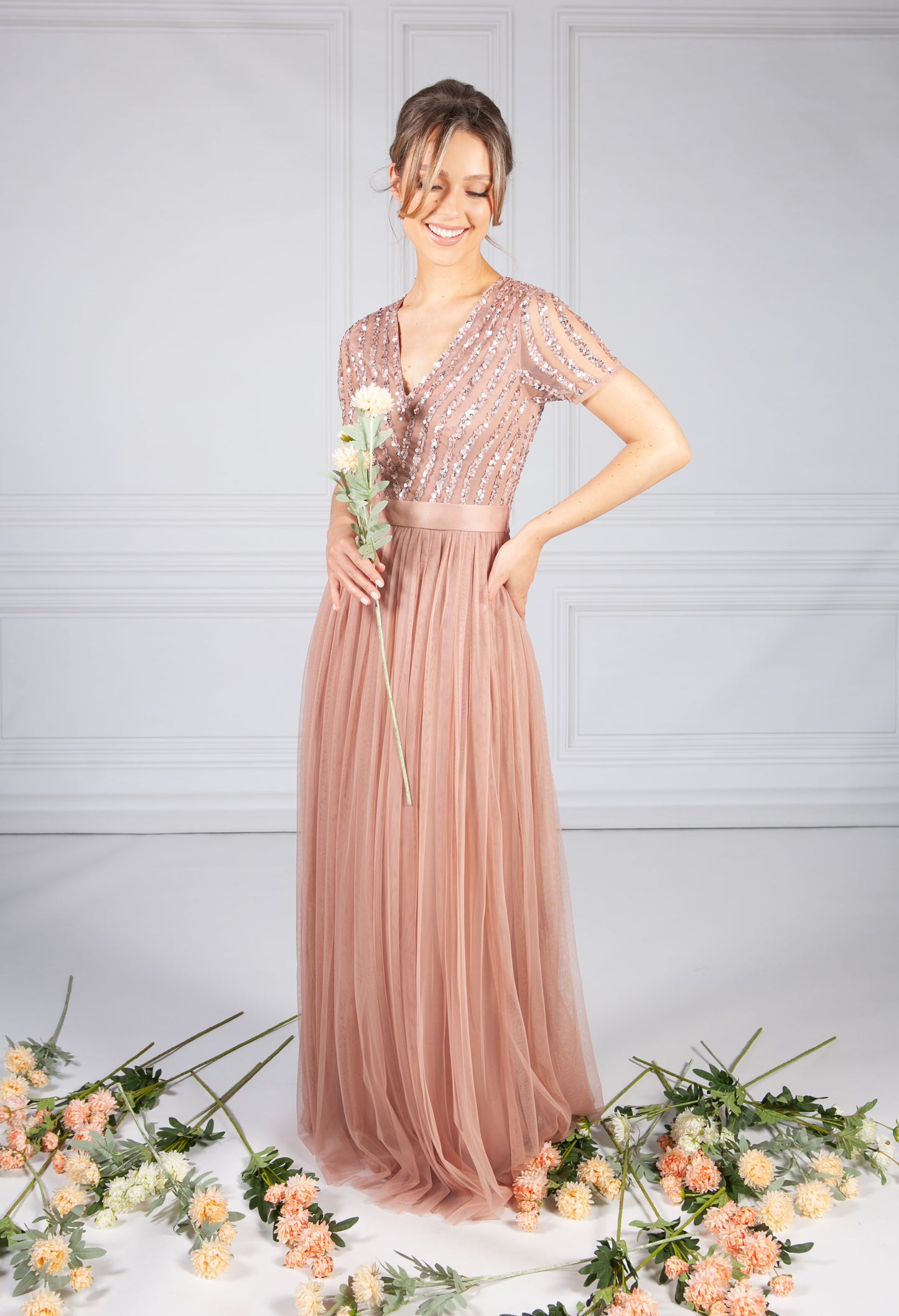 Blush V Neck Sequin and Tulle Dress with Tie Waist