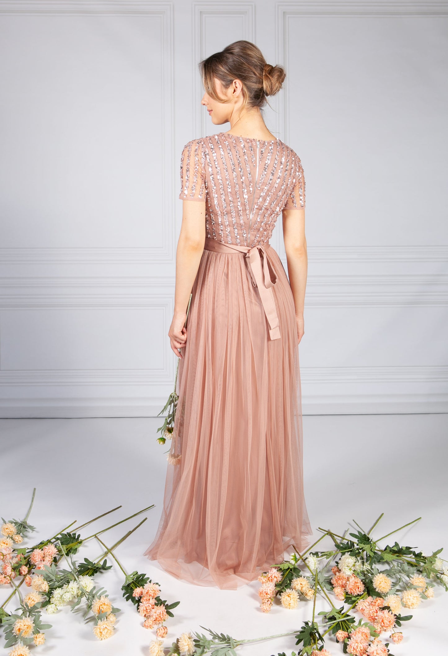 Blush V Neck Sequin and Tulle Dress with Tie Waist