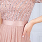 Blush V Neck Sequin and Tulle Dress with Tie Waist