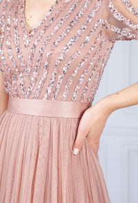 Blush V Neck Sequin and Tulle Dress with Tie Waist