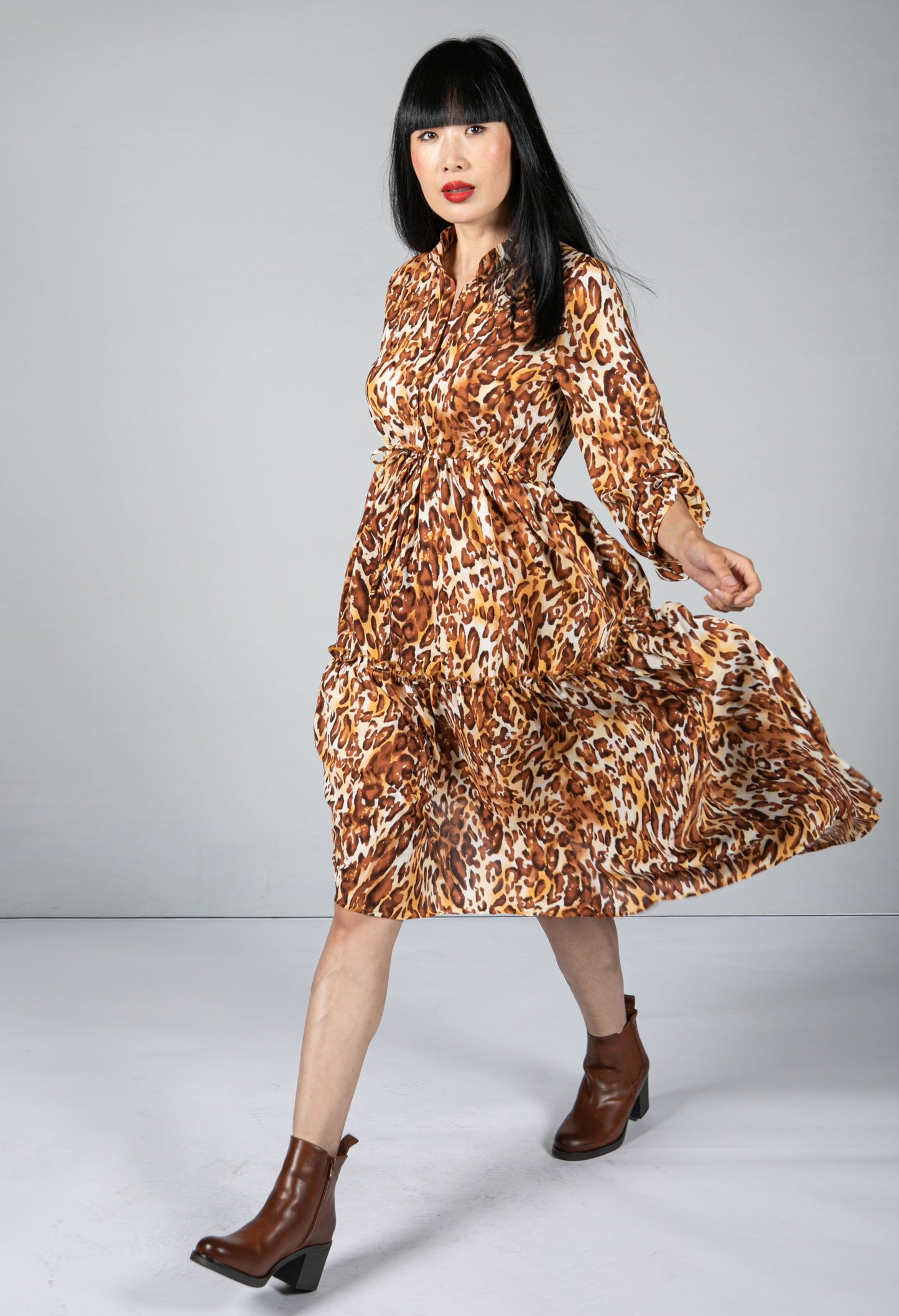 Leopard Print Tiered Shirt Dress In Brown