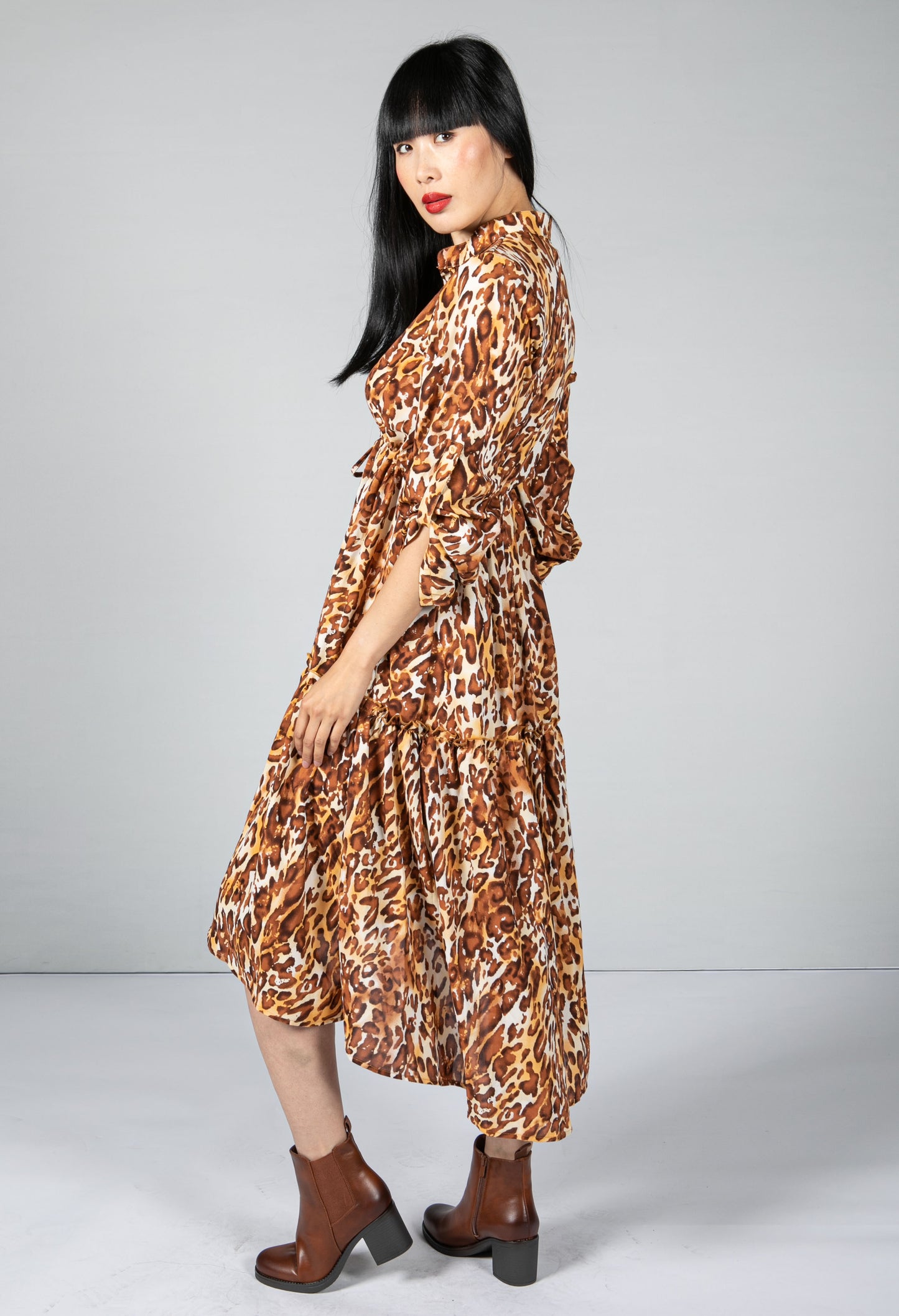 Leopard Print Tiered Shirt Dress In Brown