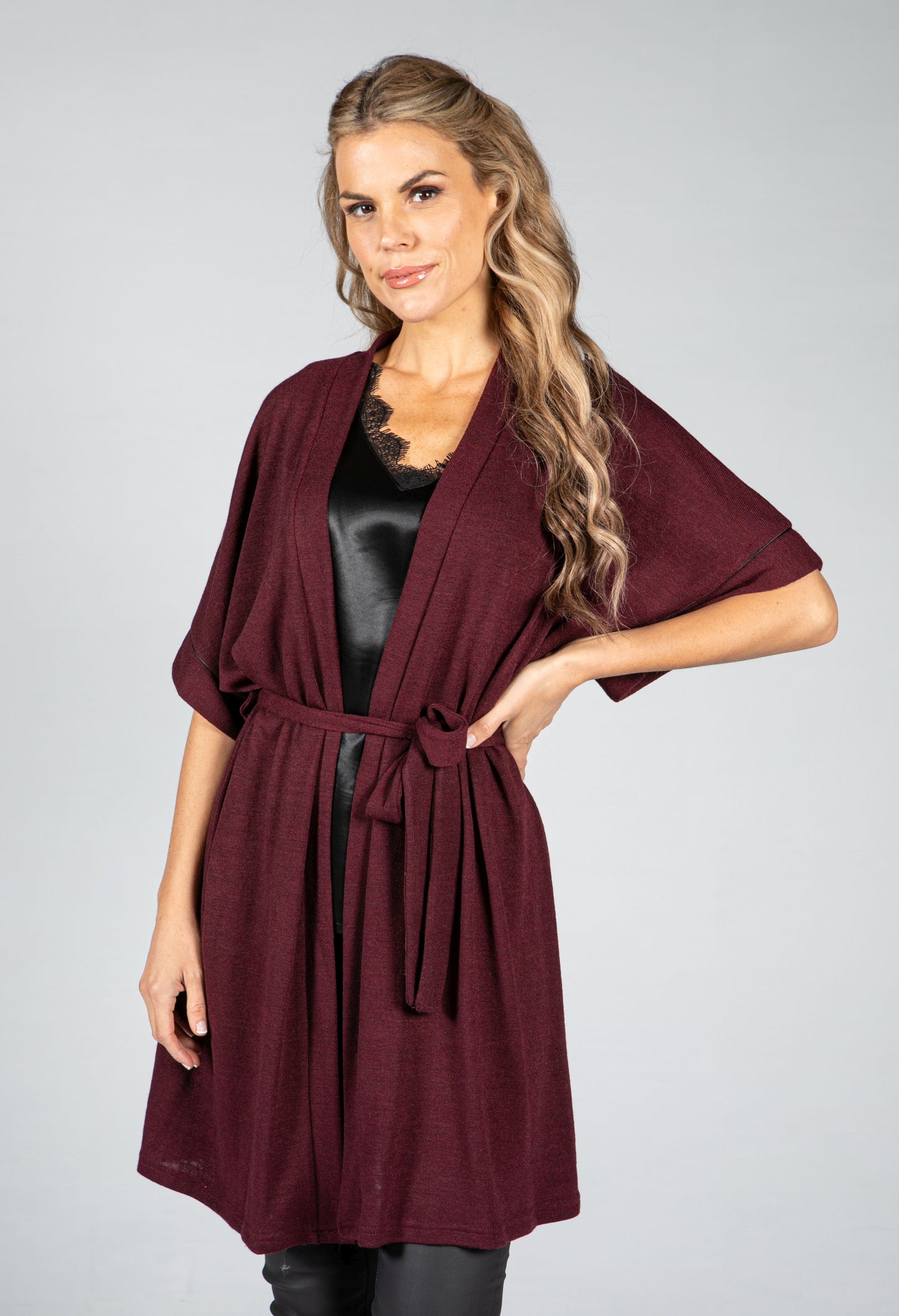 Fine Knit Kimono Cardigan in Wine