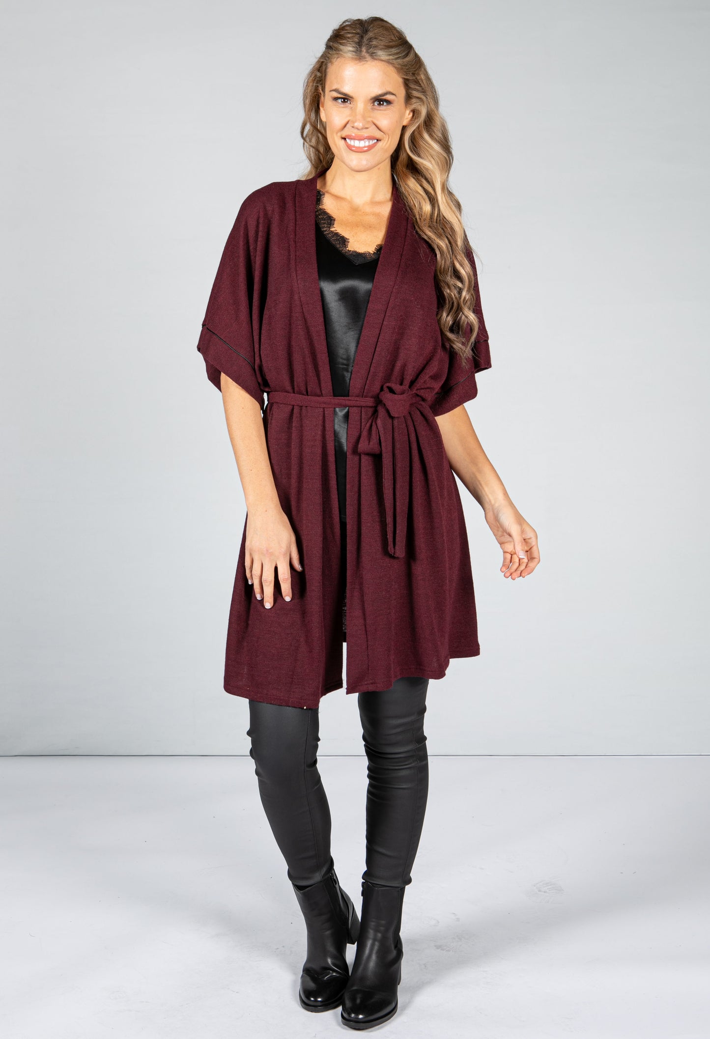 Fine Knit Kimono Cardigan in Wine