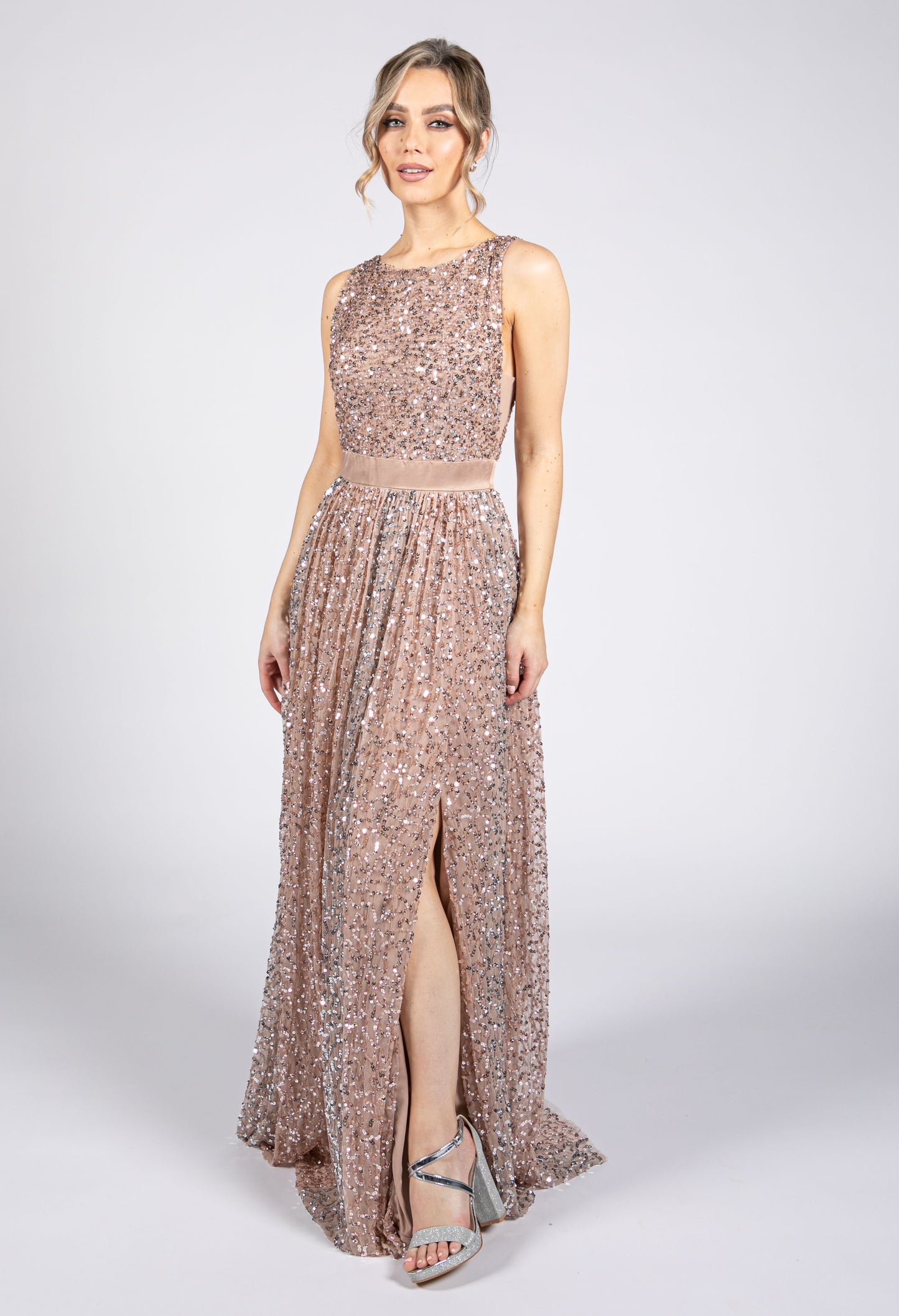 Blush Full Length Sequin Dress with Leg Slit