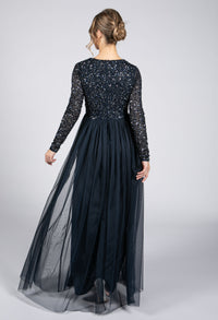 Navy Long Sleeve Tulle and Sequin Dress