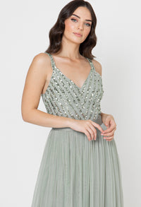 Sleeveless Stripe Embellished Maxi Dress in Green Lily