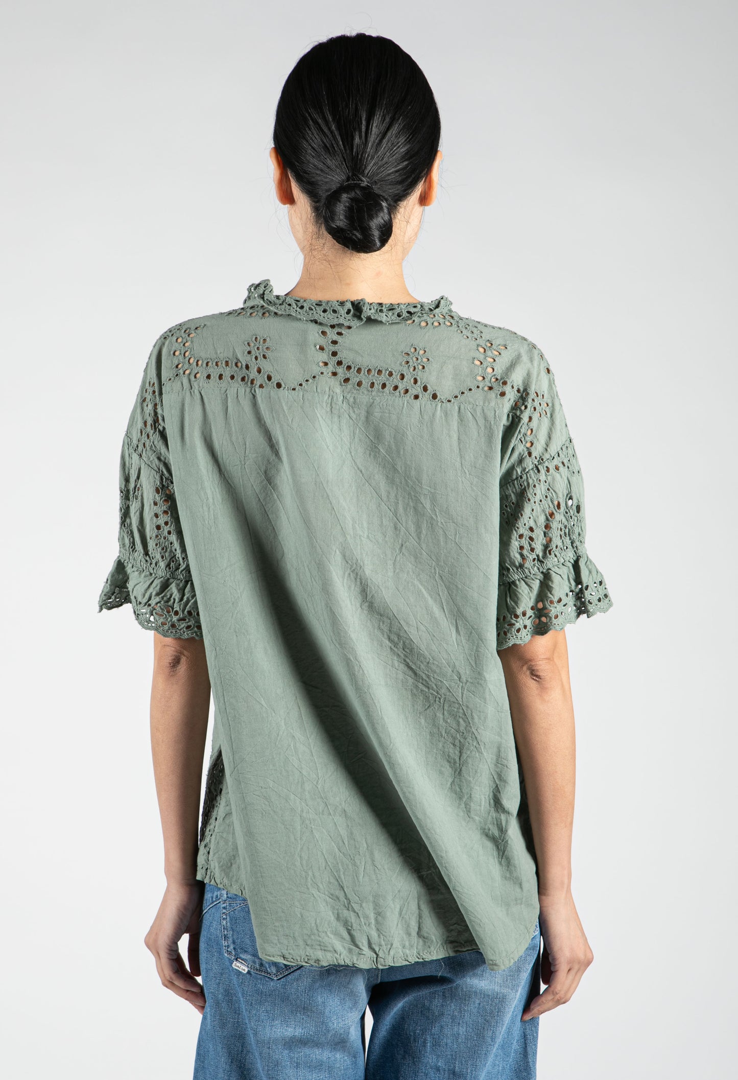 Embroidered Tie Hem Blouse in Khaki