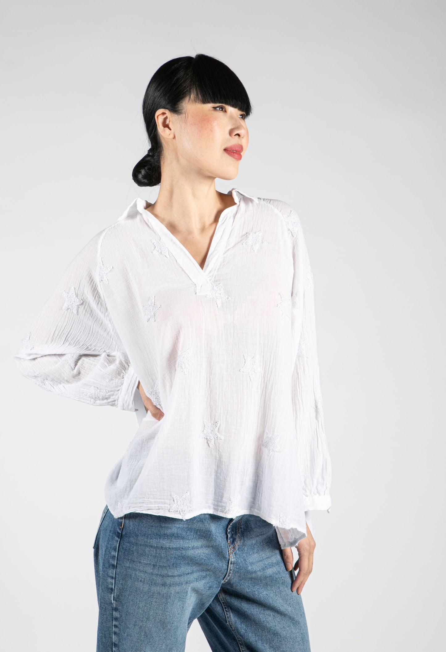 Embroidered Tie Hem Blouse in White