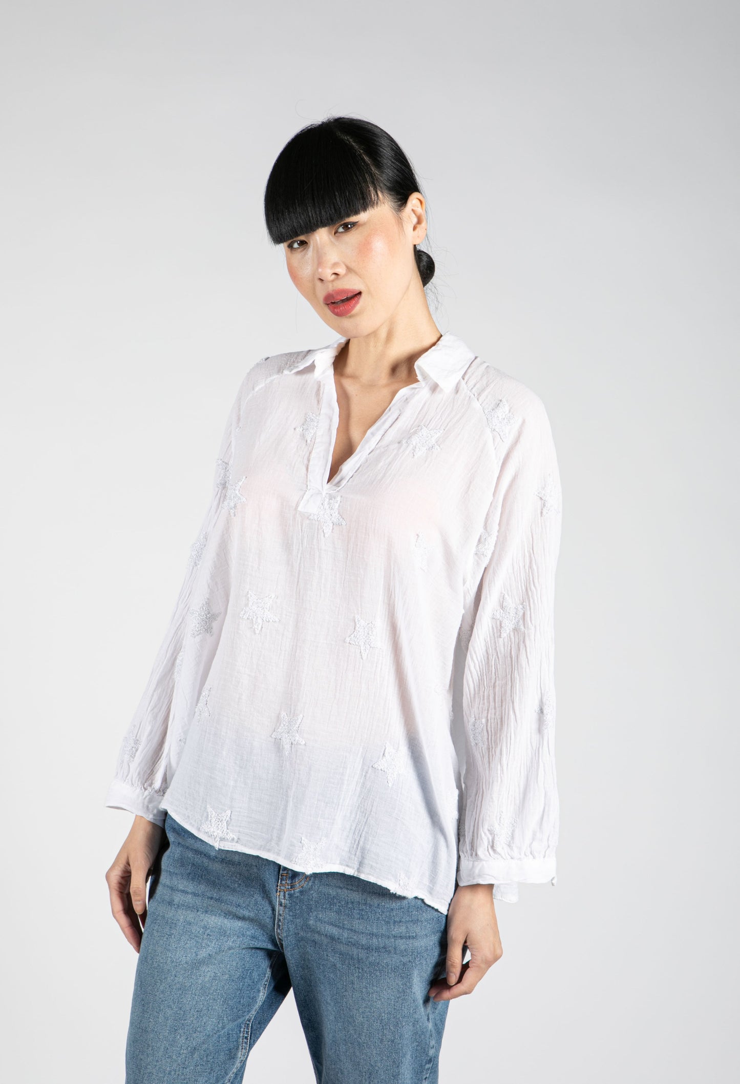 Embroidered Tie Hem Blouse in White