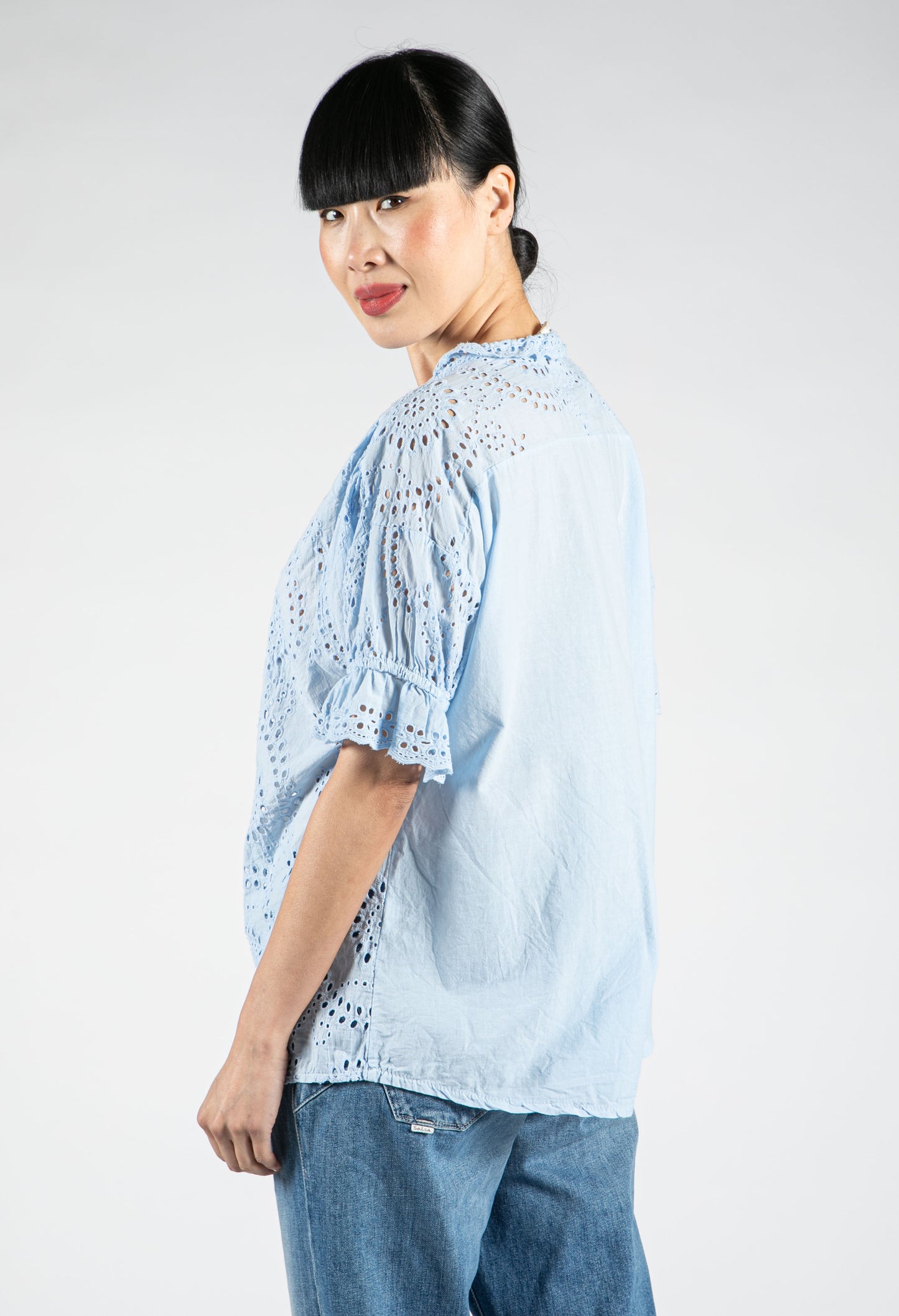 Embroidered Tie Hem Blouse in Sky Blue