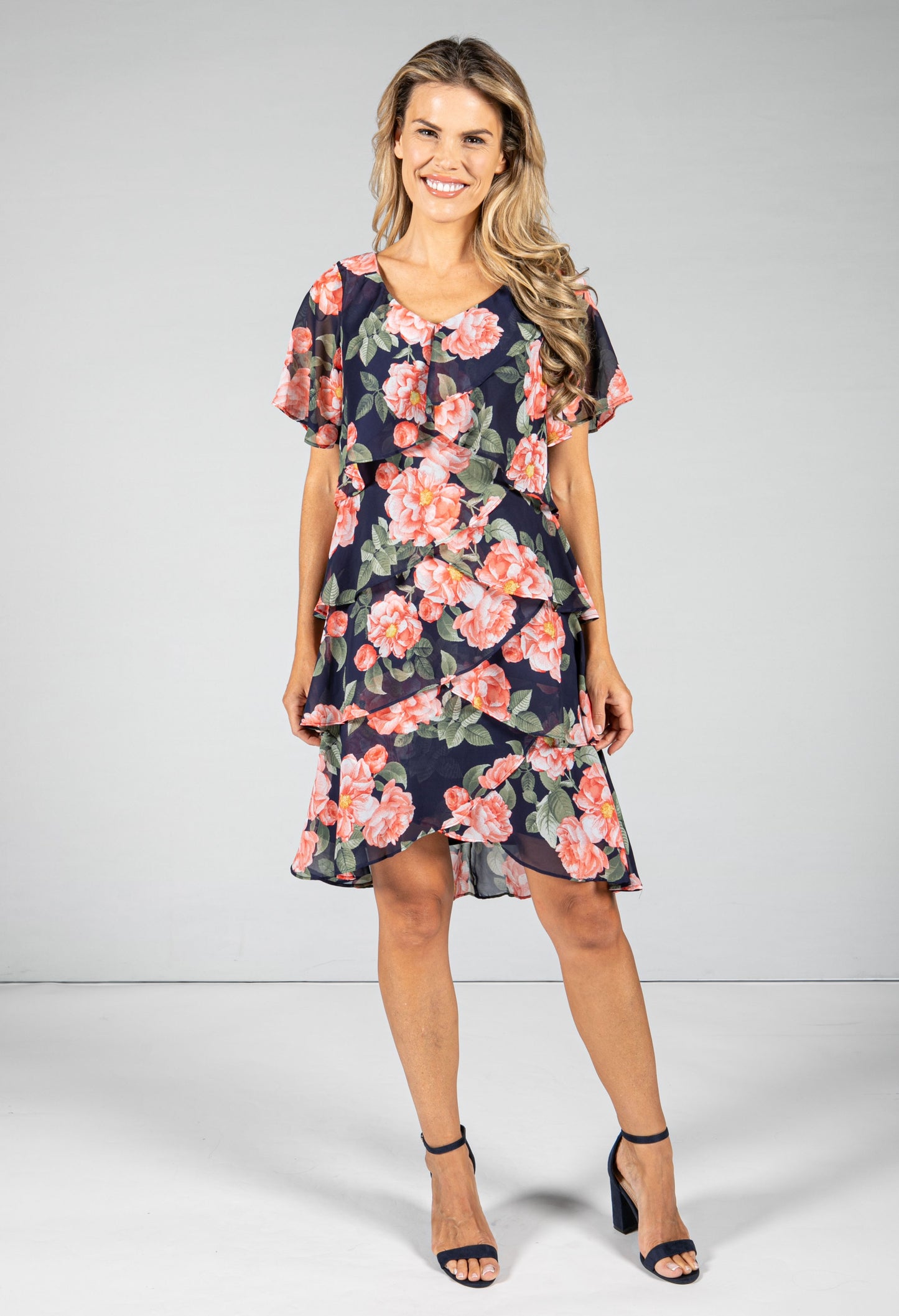 Garden Blossom Print Dress in Peach Navy