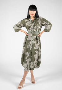 Abstract Leaf Print Shirt Dress