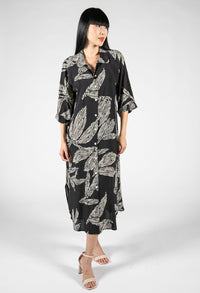 Abstract Leaf Print Shirt Dress