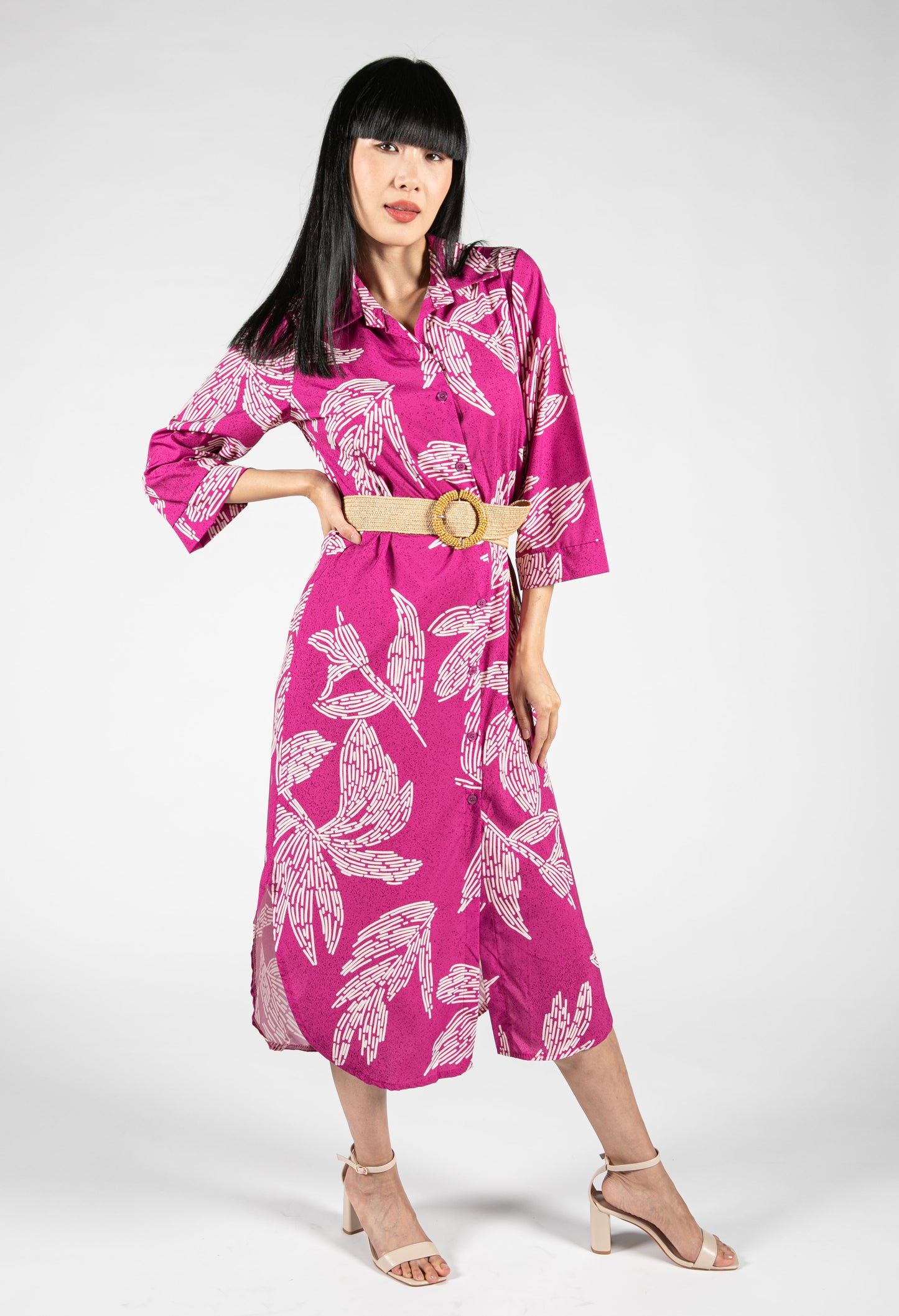 Abstract Leaf Print Shirt Dress